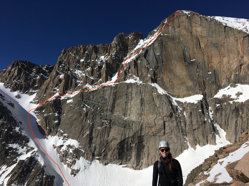 Kiener's route traced on photo of long's peak
