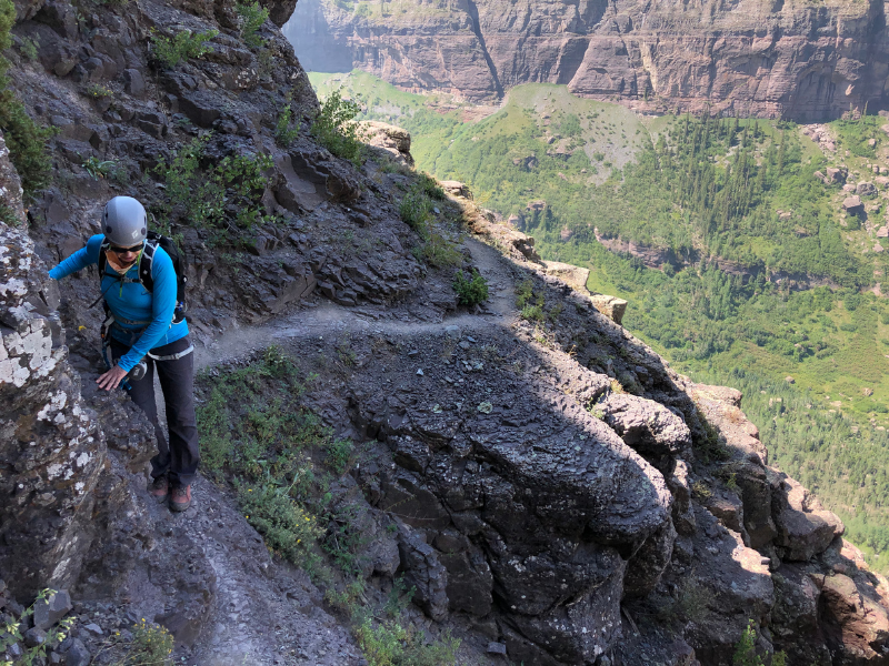 narrow loose footing on the telluride via ferrata